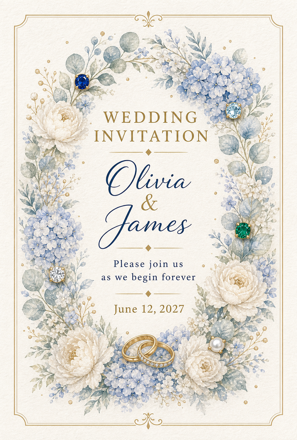 Wedding Blue Floral Wreath Gemstone Keepsake Card by GEMGEMGEM