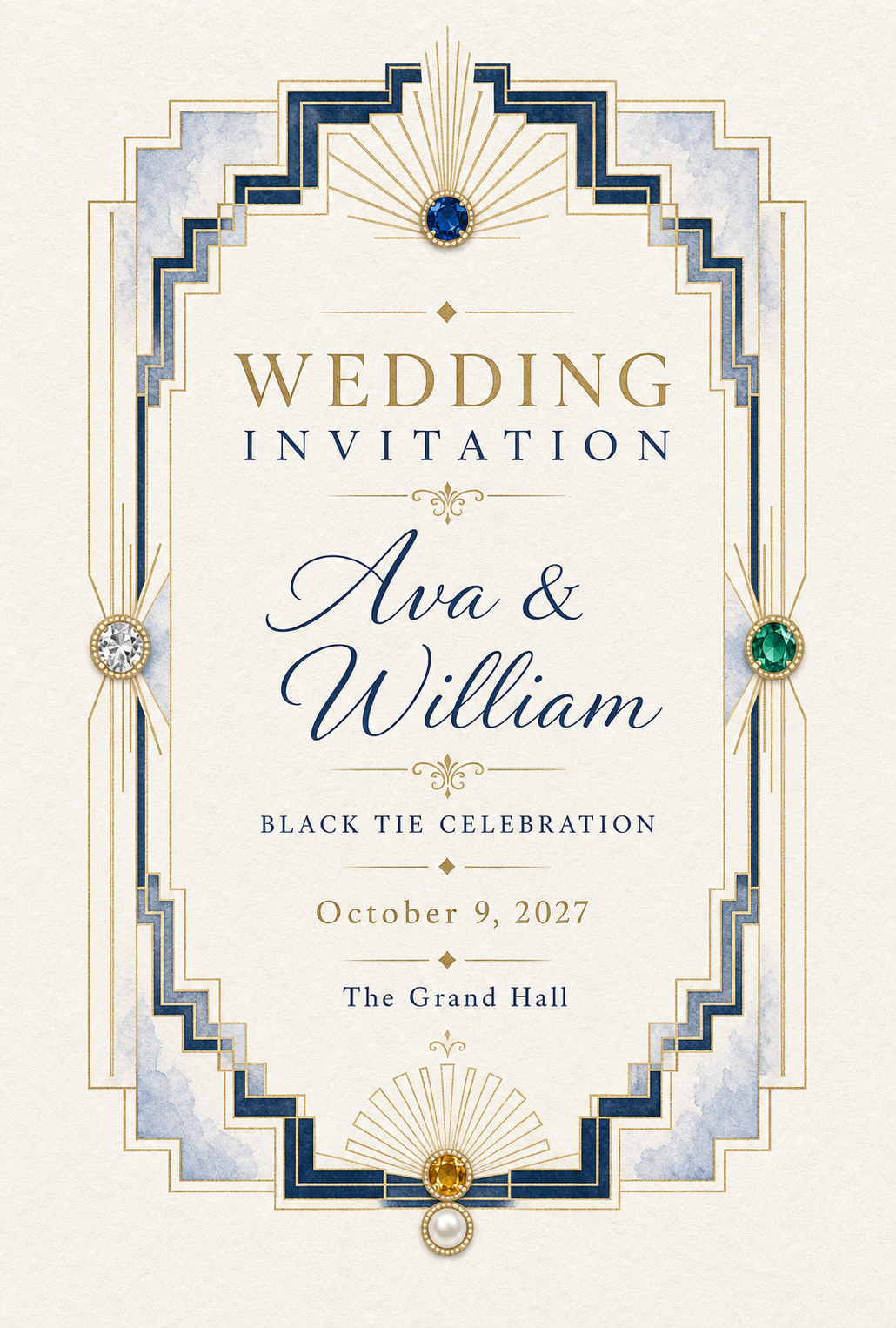 Wedding Art Deco Navy Gold Gemstone Keepsake Card by GEMGEMGEM