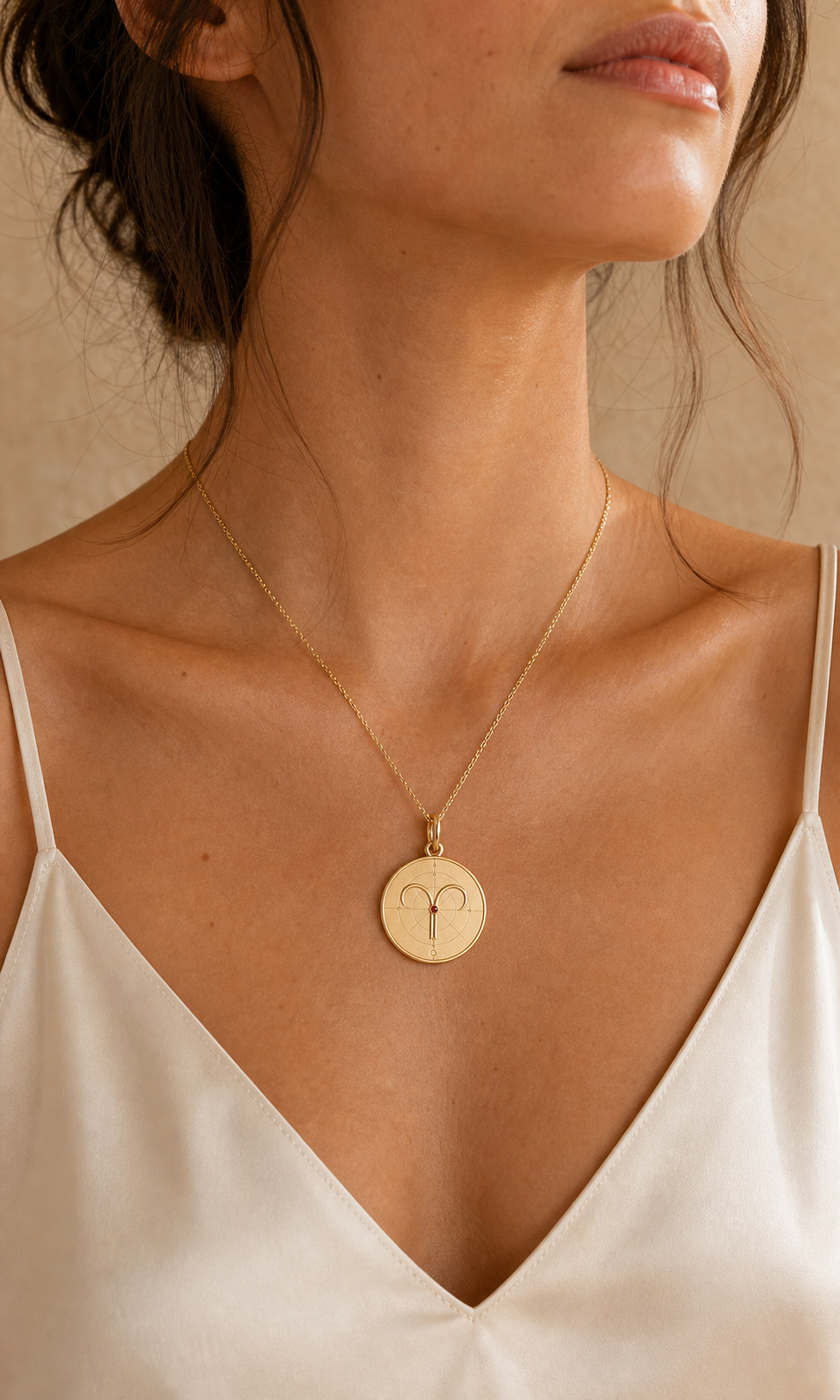 Aries Zodiac Pendant in 9K Gold worn on model