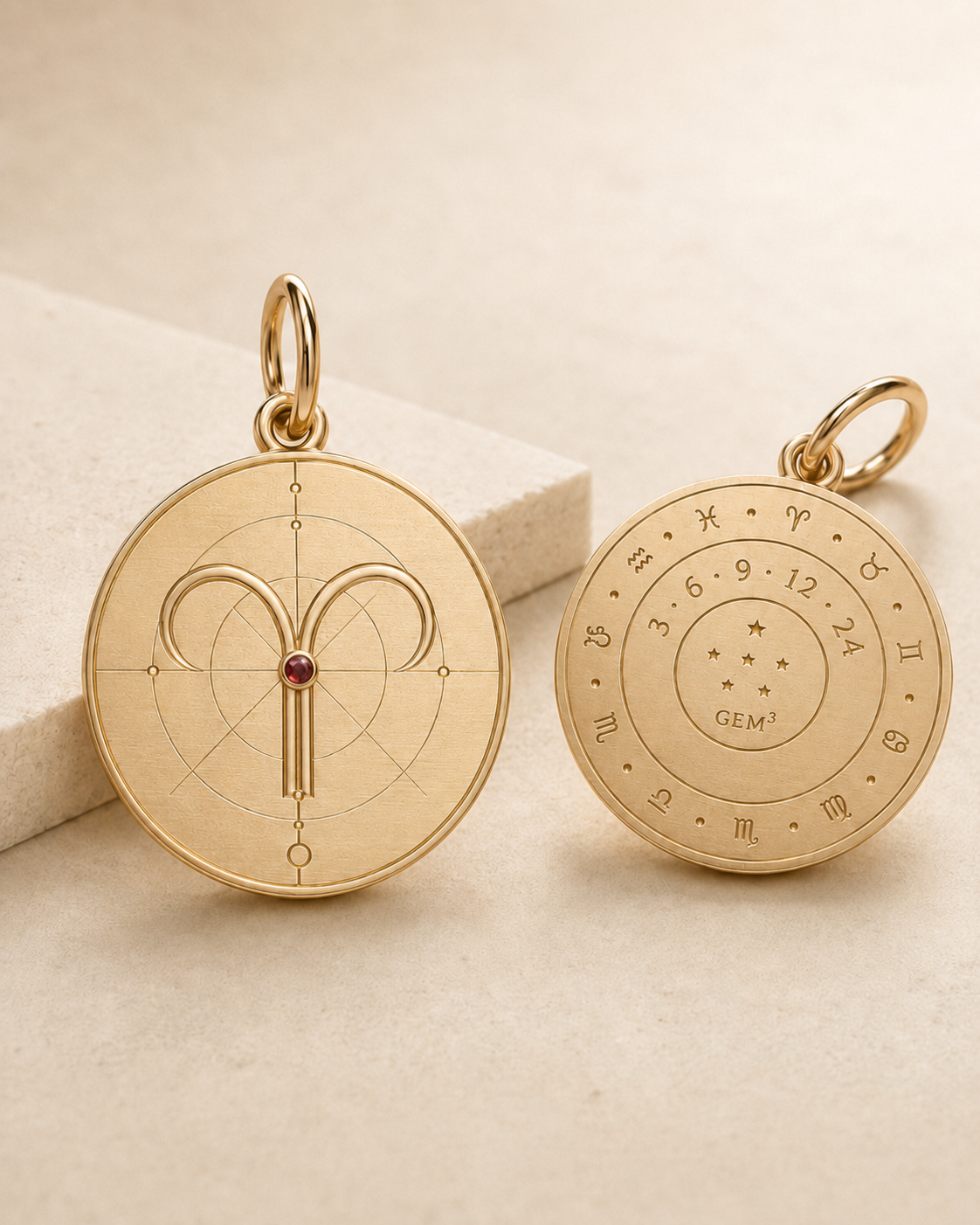 Aries Zodiac Pendant in 9K Gold, front and back product view