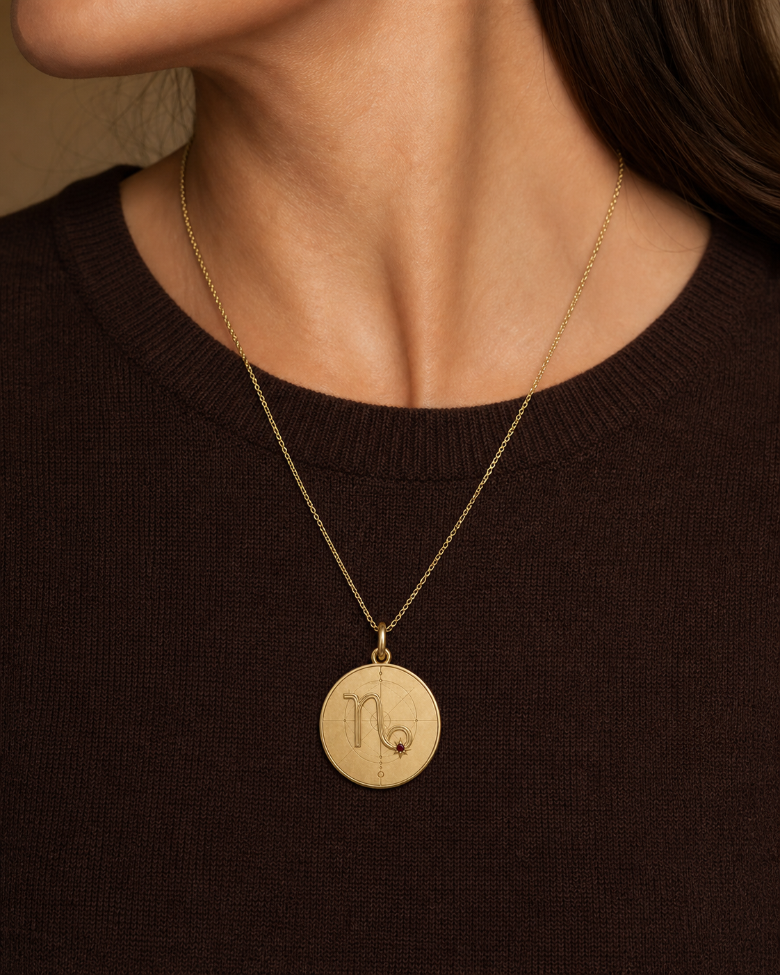 Capricorn Zodiac Pendant in 9K Gold worn on model
