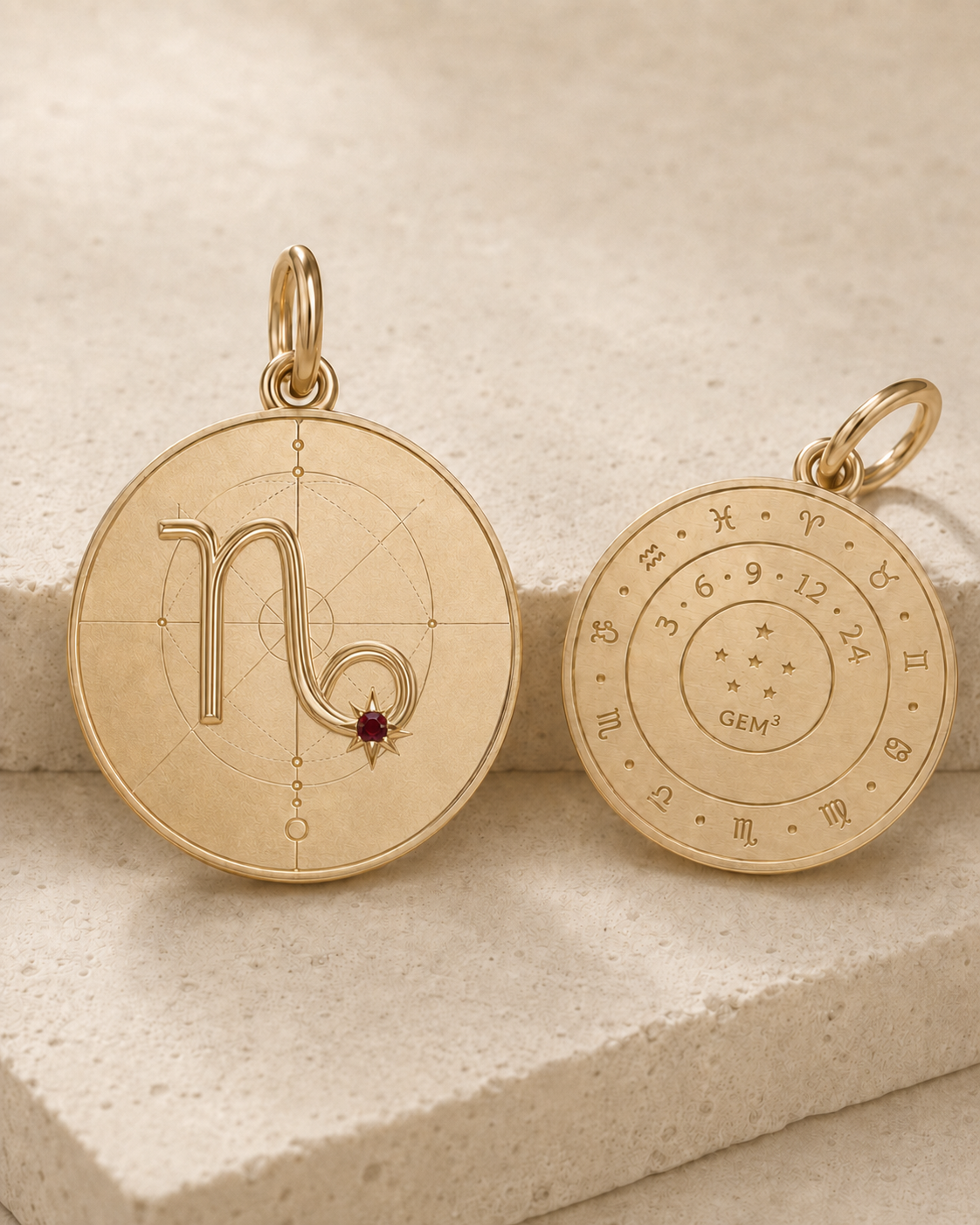 Capricorn Zodiac Pendant in 9K Gold, front and back product view
