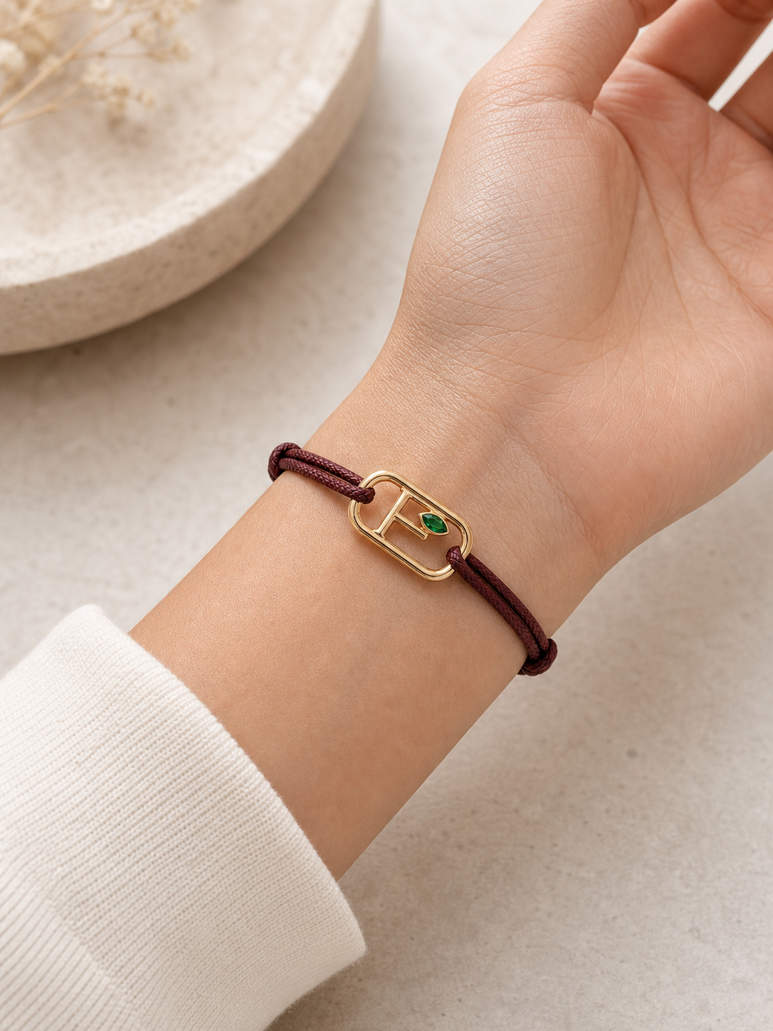 GEMGEMGEM Initial Bracelet Letter F on hand