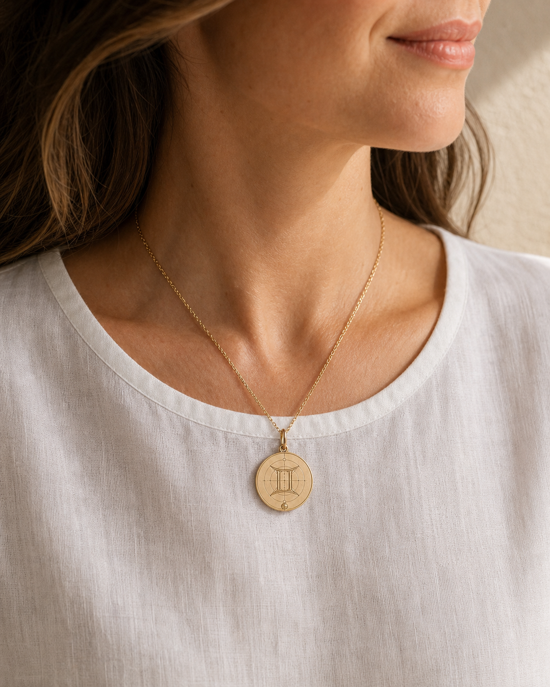 Gemini Zodiac Pendant in 9K Gold worn on model