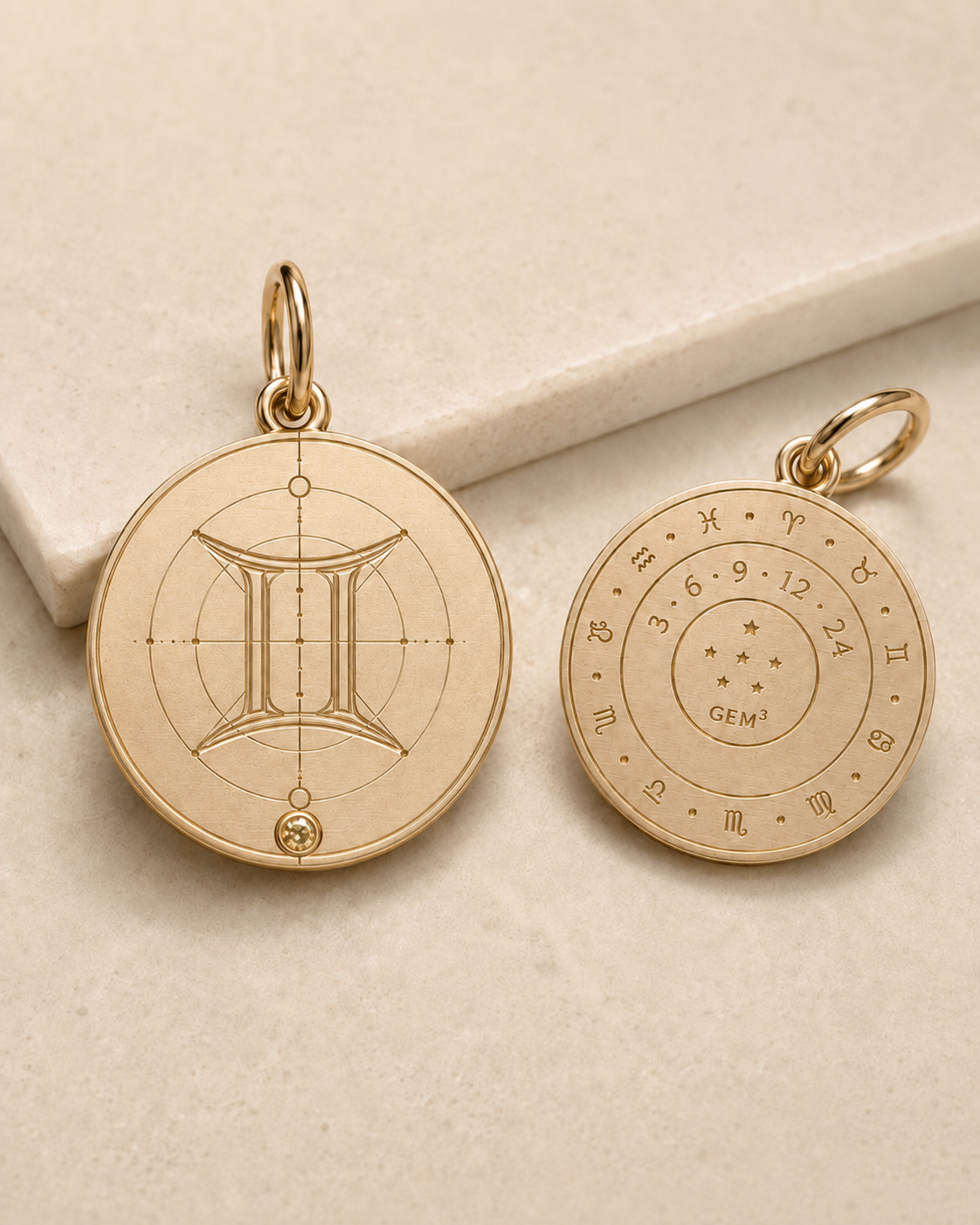 Gemini Zodiac Pendant in 9K Gold, front and back product view