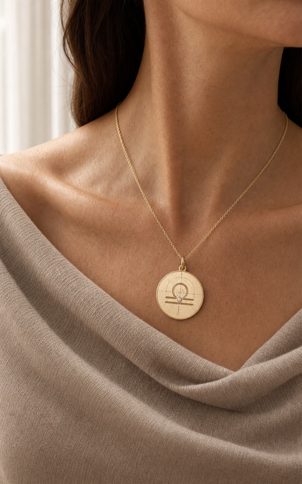 Libra Zodiac Pendant in 9K Gold worn on model