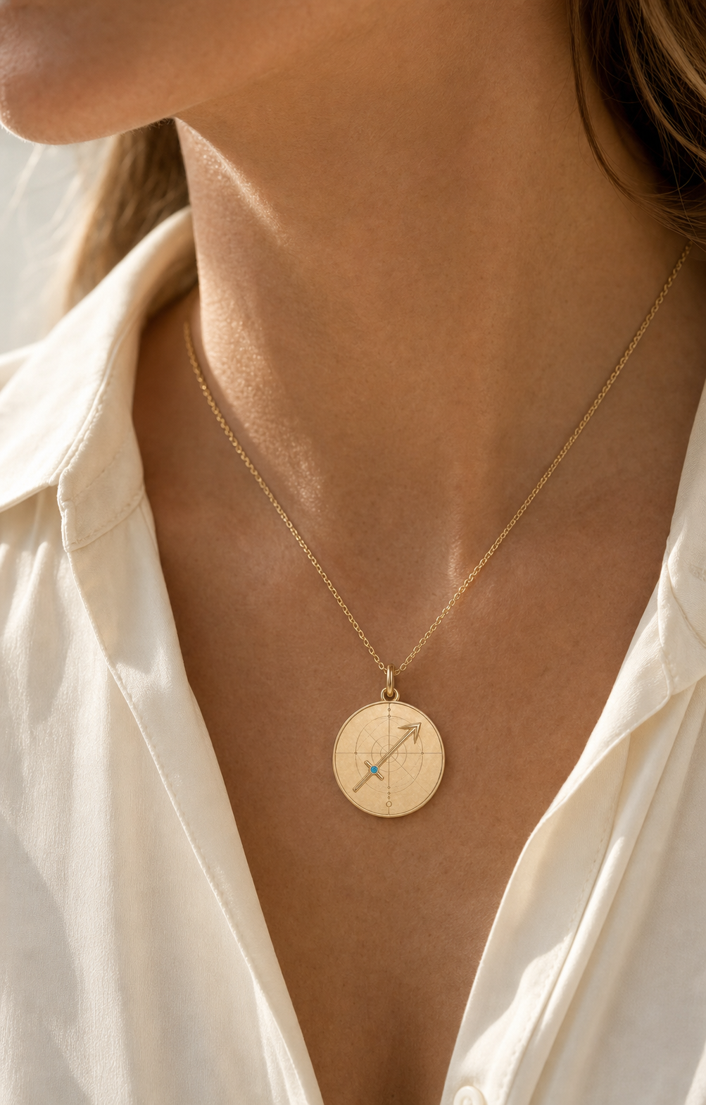 Sagittarius Zodiac Pendant in 9K Gold worn on model