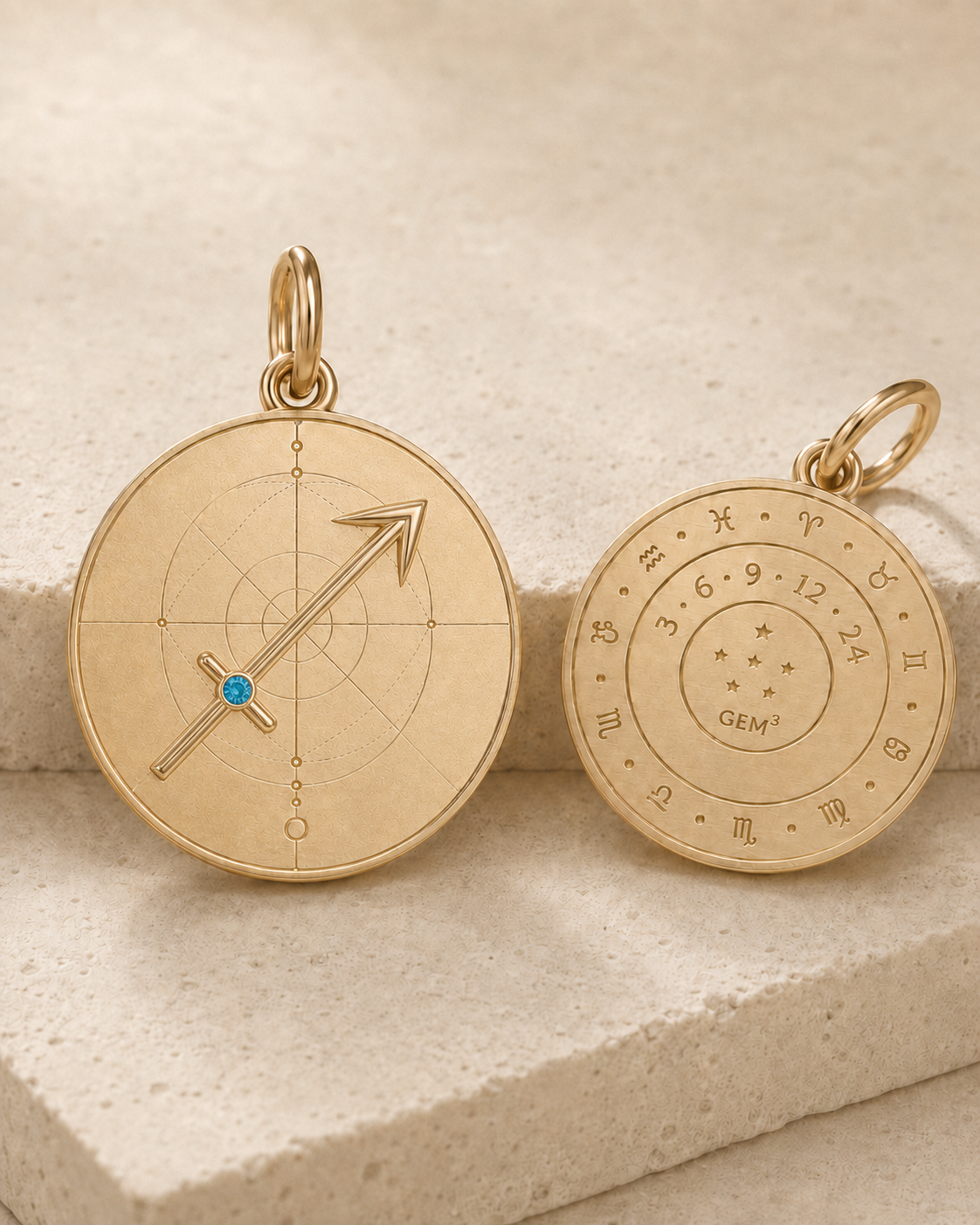 Sagittarius Zodiac Pendant in 9K Gold, front and back product view