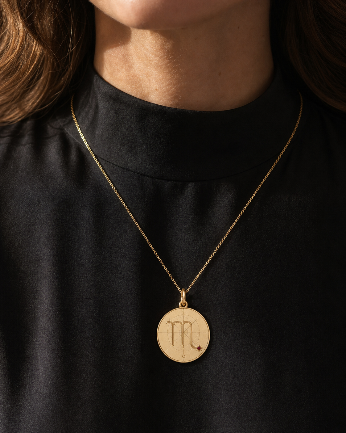 Scorpio Zodiac Pendant in 9K Gold worn on model