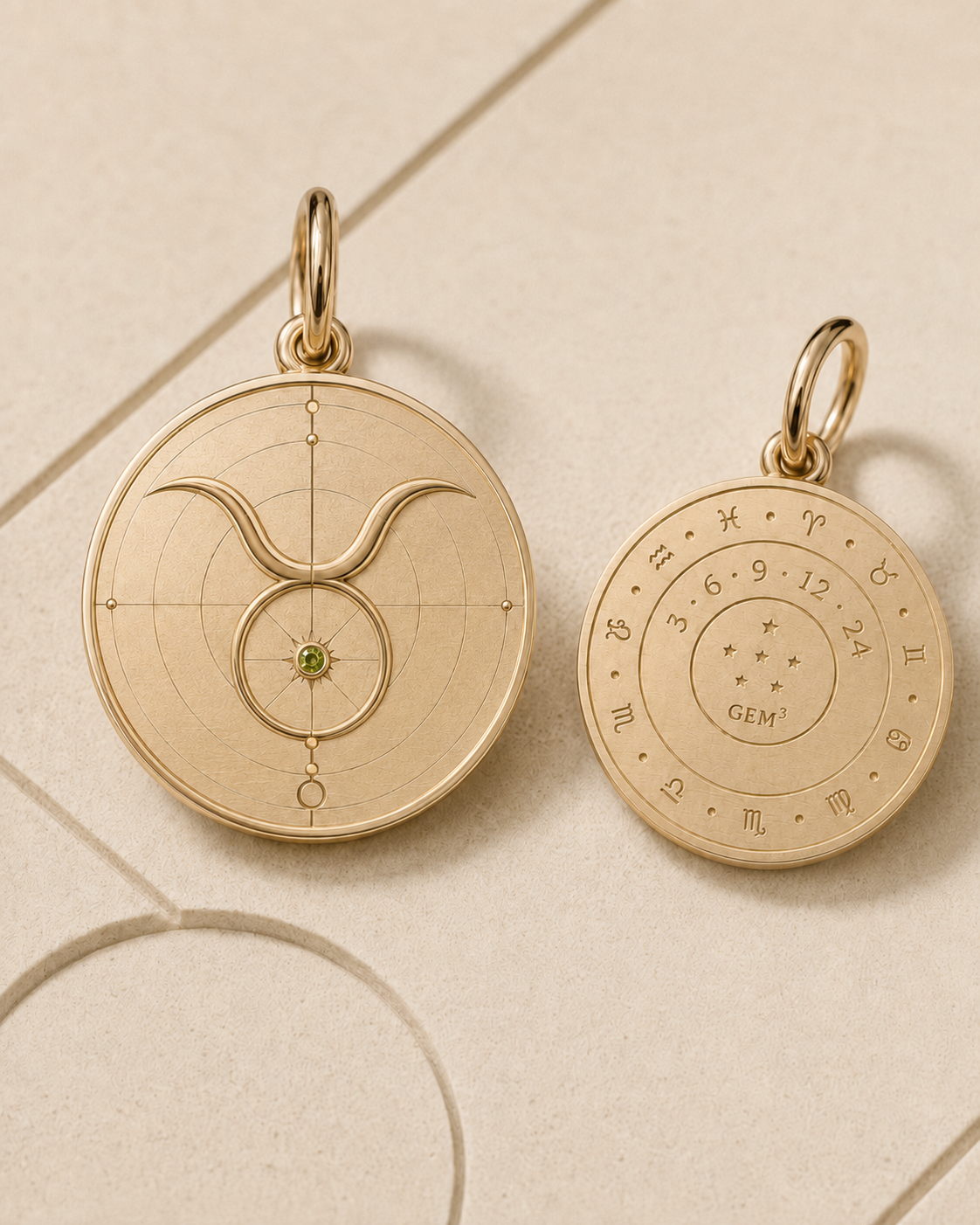 Taurus Zodiac Pendant in 9K Gold, front and back product view