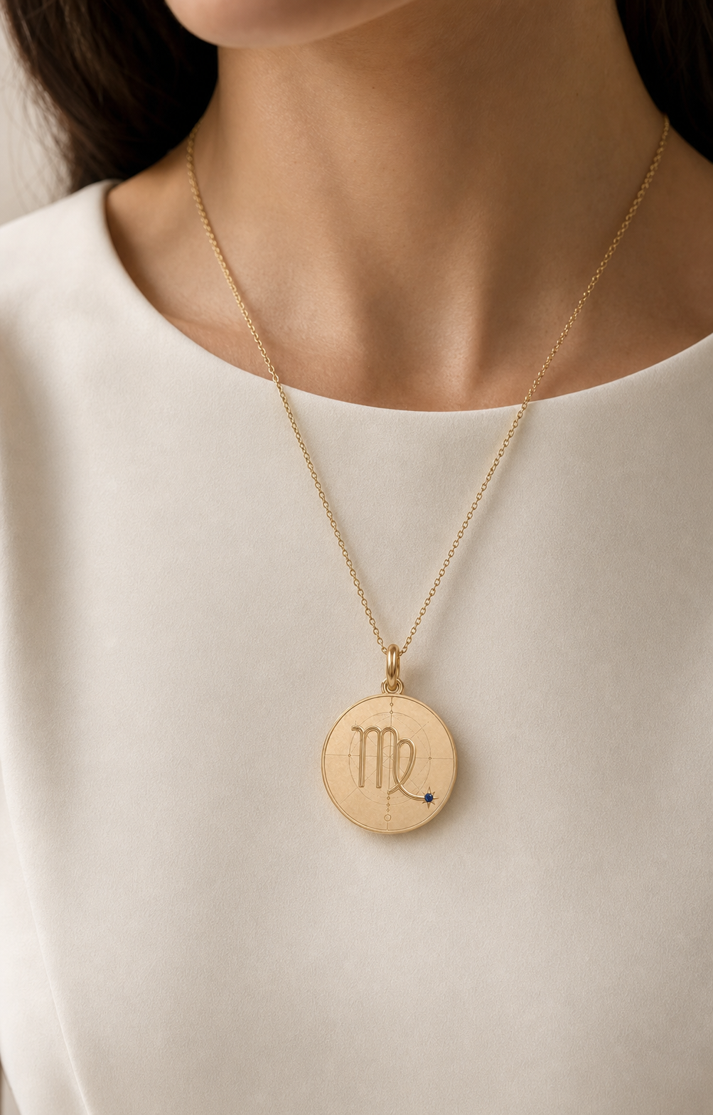 Virgo Zodiac Pendant in 9K Gold worn on model