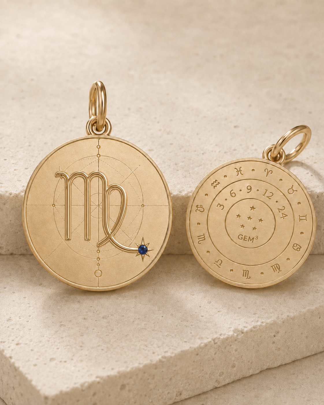 Virgo Zodiac Pendant in 9K Gold, front and back product view