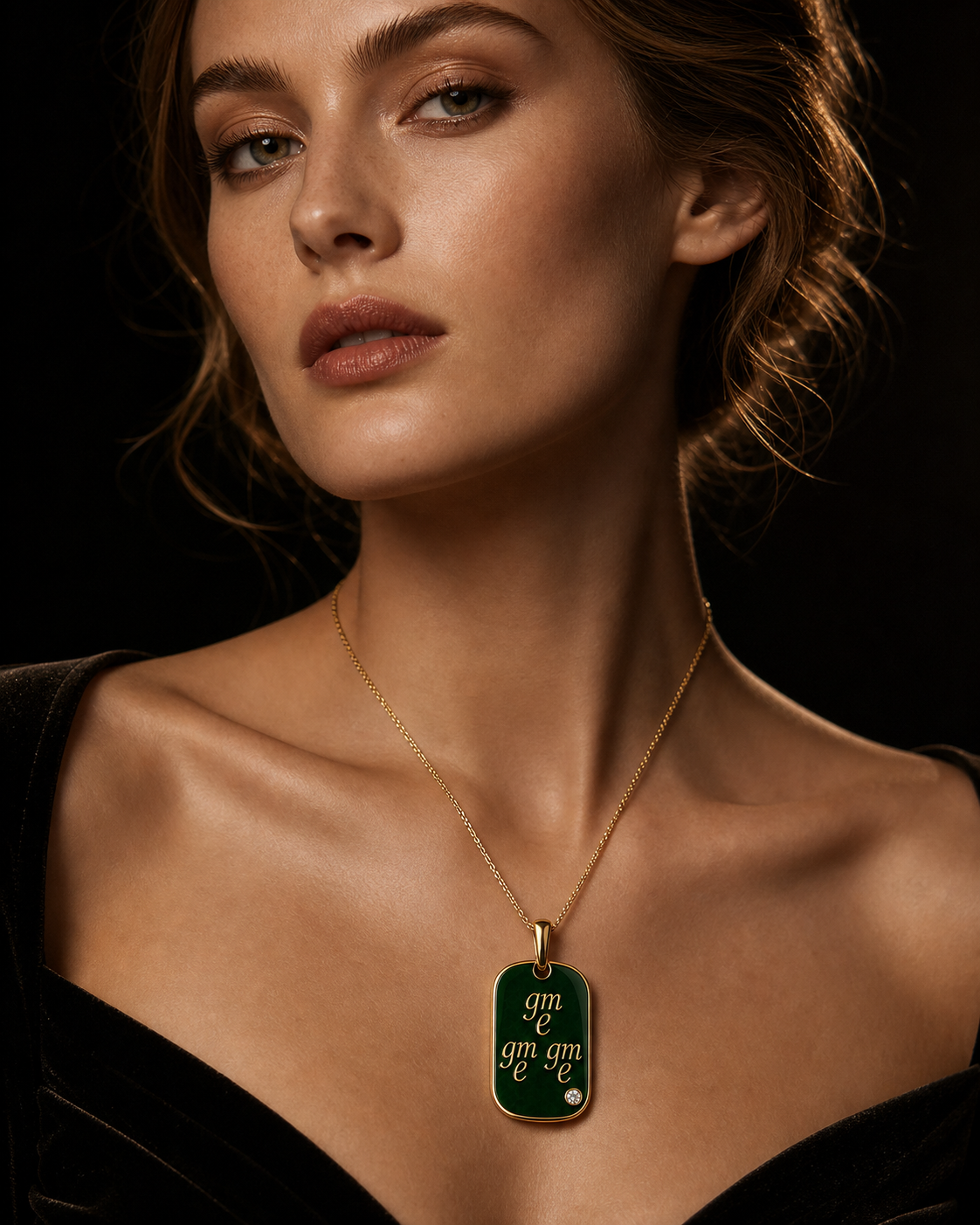 Deep jade tag pendant on model
