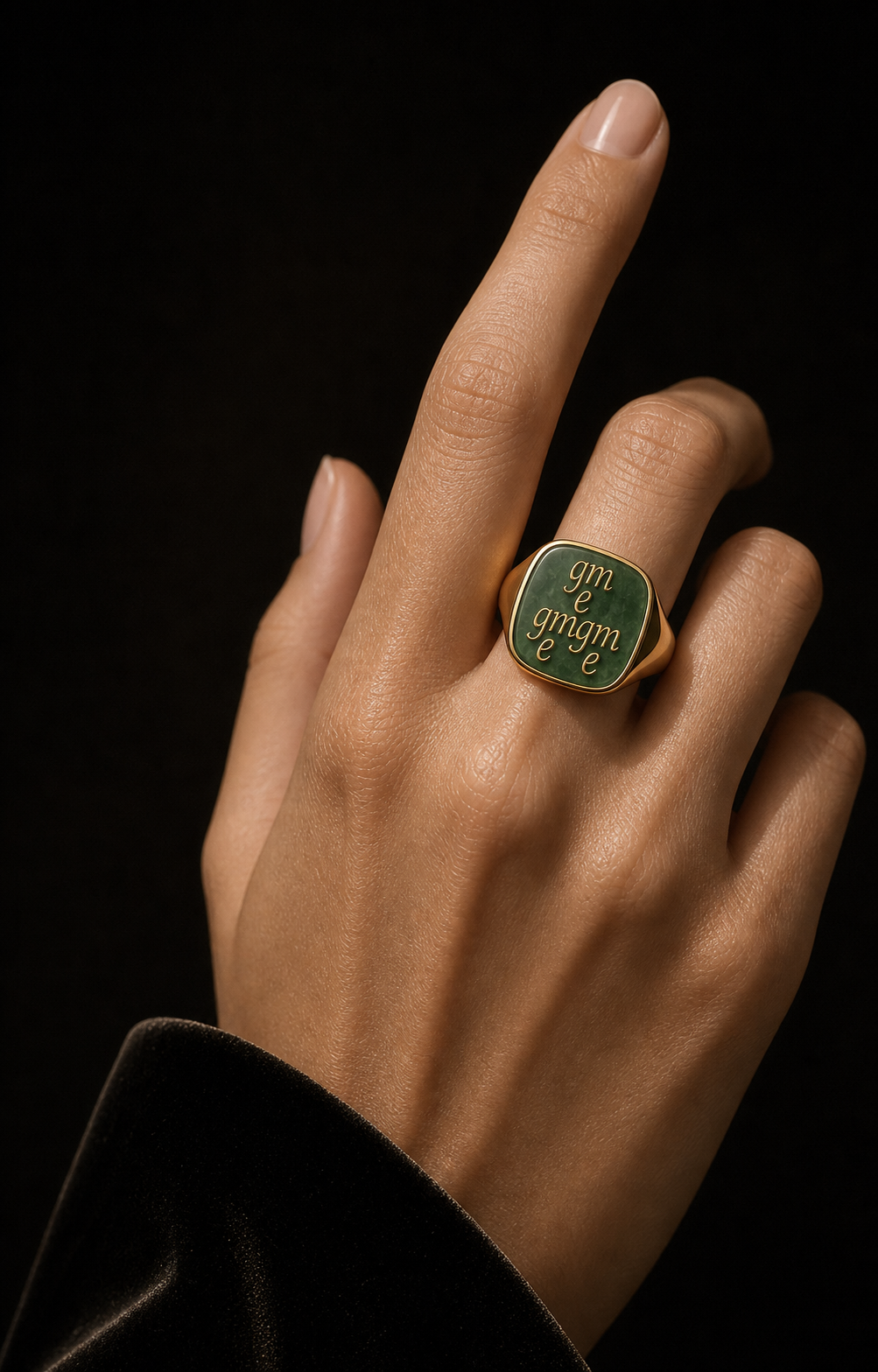 Green jade signet ring on hand