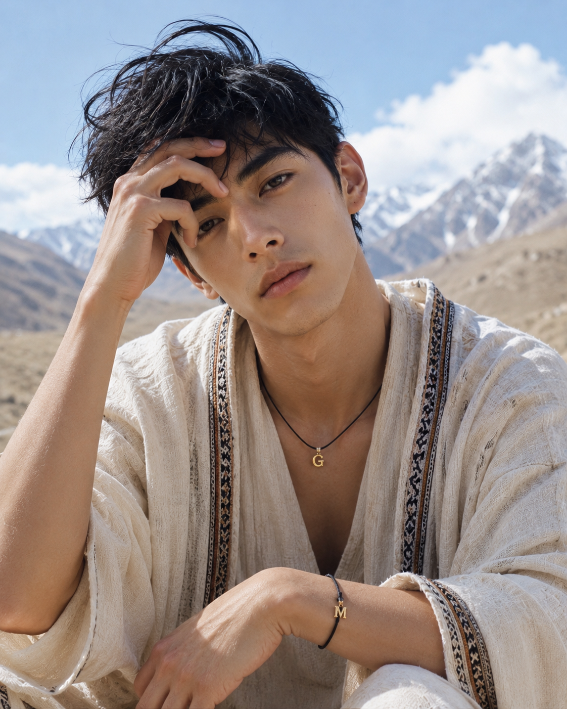 Model wearing GEMGEMGEM pendant and hand cord